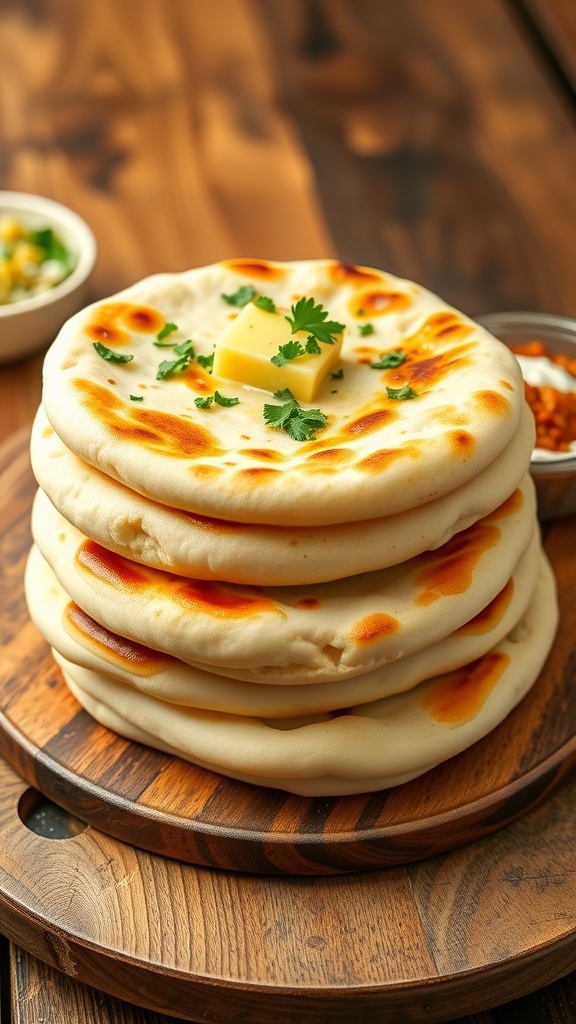 A stack of golden yogurt naan bread brushed with butter, garnished with cilantro, served with curry and yogurt dip.